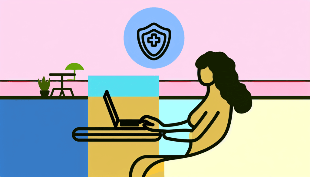 Generate a minimalist, full-colour, vector illustration with no background, primarily using the colours #A3C503 and #ed7020. The illustration should depict a digital nomad of Hispanic descent, using their laptop in an unusual setting, like a beach or coworking space. Include an icon representing health protection to signify the importance of maintaining health even while working remotely.