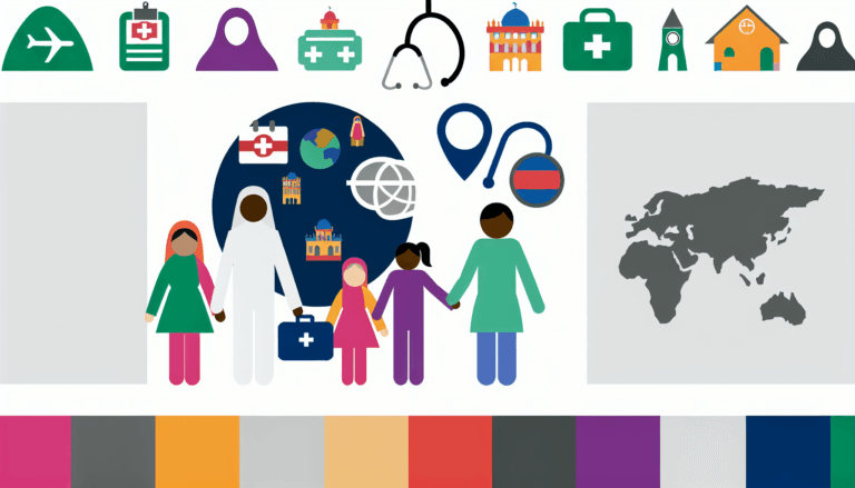 Create a full-color, minimalist vector illustration depicting an expatriate family of diverse descent traveling in a foreign country, represented through various significant landmarks. Include visual elements related to healthcare, such as a stethoscope and a globe. This image should have no background. Use the primary colors #A3C503 and #ed7020 for the majority of the artwork.