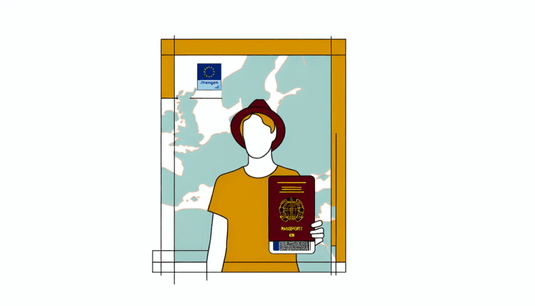 Generate a minimalist, full-colour vector illustration without a background. The image should consist of a traveller, who could be of any descent and gender, standing in front of a map of Europe. The traveller is holding their passport and their Schengen insurance certification. The primary colours to be used for this illustration are #A3C503 and #ed7020.