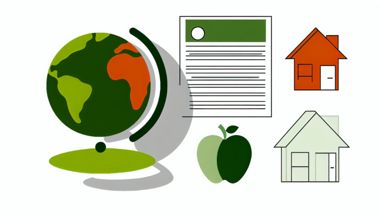 Create an illustration of an Earth globe, an insurance document, and a house. The style should imbue minimalism and detail simultaneously, with a full use of colors. Particularly, use these specific shades, apple green (#A3C503) and pumpkin orange (#ed7020). The artwork should have an endearing simplicity and consistency of a pre-1912 children's book. The design should have the charm of vector illustrations and should not include a background.