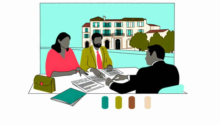Create an image depicting an insurance broker of South-Asian descent and a client of Hispanic descent in a French city setting, possibly Nice or Paris. They are engaged in a meeting, surrounded by real estate loan and insurance documents spread out on their table. Capture the scene using a palette of specific colors (#A3C503, #ed7020) and develop the illustration in a simple, minimalistic yet detailed manner. Use a style akin to late 19th century vector illustration, offering a sense of childish charm and vibrancy. Omit the background for visual clarity.