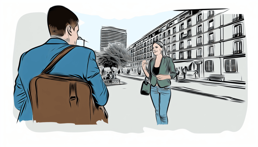 A detailed full color illustration depicting an expatriate engaged in a discussion with an insurance broker. They are in an urban environment, potentially resembling the atmosphere of cities like Paris or Nice. The illustration should emphasize the elements of negotiation and collaboration between the two individuals. The style of the representation should be minimalistic, using vector line art. A neutral backdrop is preferred, without any specific background. The image should make prominent use of the main colors #A3C503 and #ed7020.