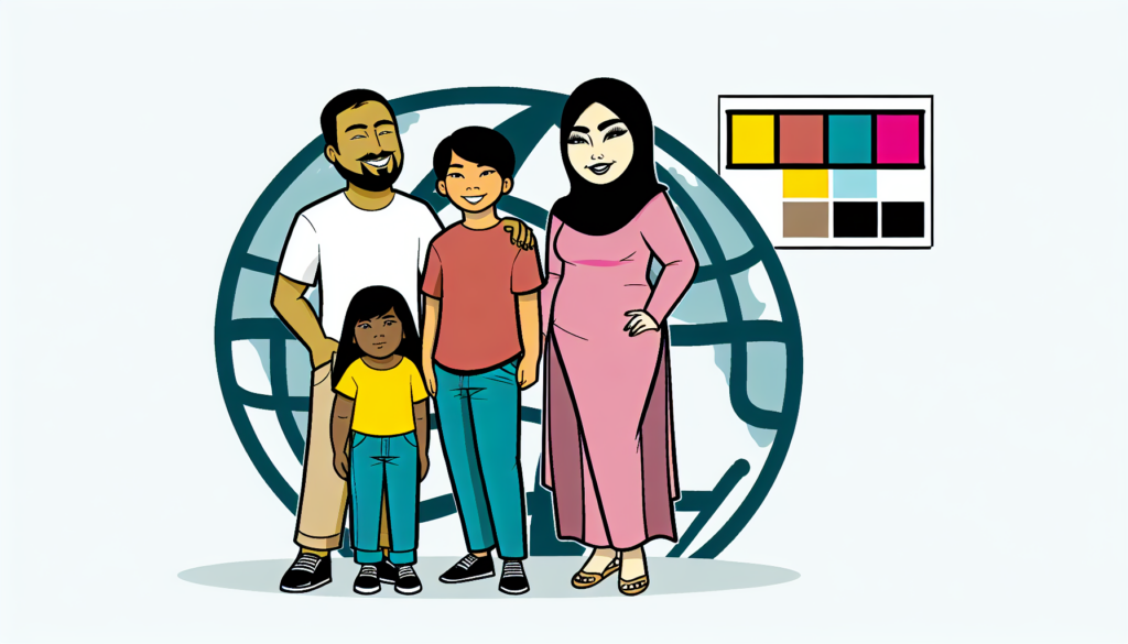 Create an illustration of a reassured expatriate family due to international health coverage. The family consists of a South Asian father, a Hispanic mother, and two kids, one Caucasian boy and one Middle-Eastern girl. They stand with confident smiles, their bodies portraying the signs of a healthy life. Behind them, there's an emblem or symbol representing the world and the concept of travel. The illustration should be simple, full color, and minimalist, adopting a vector-style approach void of any specific background. Main color codes to utilize in this artwork are #A3C503 and #ed7020.