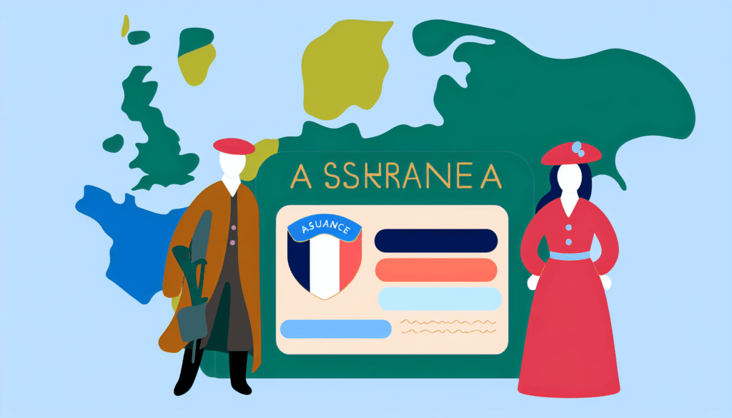 Create a full color, minimalist vector illustration without a background. The artwork features a Schengen visa set against the map of Europe. A seal that reads 'Assurance' is also visible on the visa, signifying safety and travel. There are also two figures in the scene, a French man and a French woman, depicted in attire that does not indicate any religious affiliation.