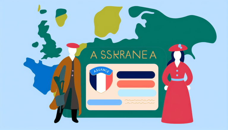 Create a full color, minimalist vector illustration without a background. The artwork features a Schengen visa set against the map of Europe. A seal that reads 'Assurance' is also visible on the visa, signifying safety and travel. There are also two figures in the scene, a French man and a French woman, depicted in attire that does not indicate any religious affiliation.