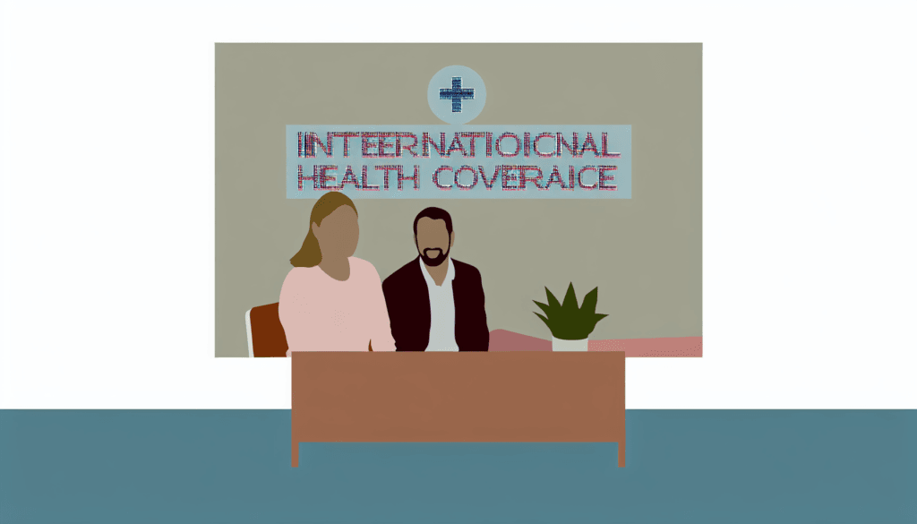 Generate a minimalist, full-color, vector illustration featuring a French, non-religious couple in a medical consultation setting. The phrase 'International Health Coverage' is displayed prominently in the background. The scene lacks any specific background details, focusing purely on the individuals and the inscription.