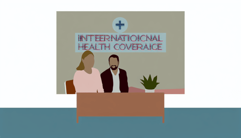 Generate a minimalist, full-color, vector illustration featuring a French, non-religious couple in a medical consultation setting. The phrase 'International Health Coverage' is displayed prominently in the background. The scene lacks any specific background details, focusing purely on the individuals and the inscription.