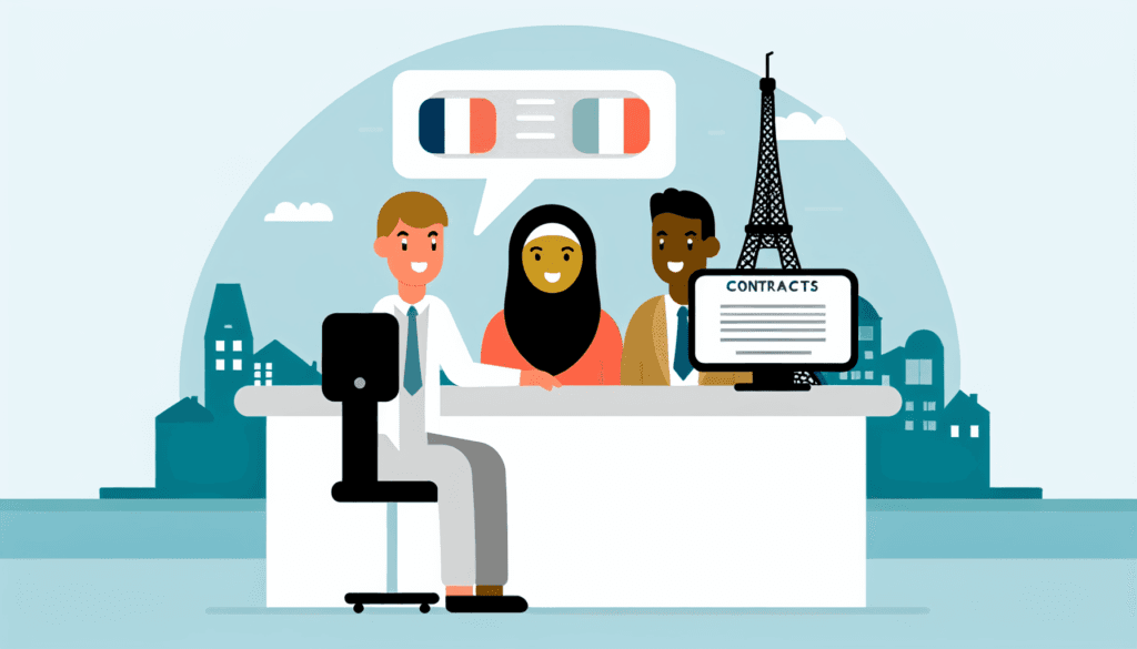Create a simple, full-color, minimalist vector illustration. Depict a Caucasian male insurance broker assisting customers, a Middle-Eastern female and a Hispanic male, in comparing contracts on a computer. Set the scene against the backdrop of Paris with the Eiffel Tower and Nice with the Promenade des Anglais. The people depicted are French with no apparent religion. Please refrain from including any details in the background.