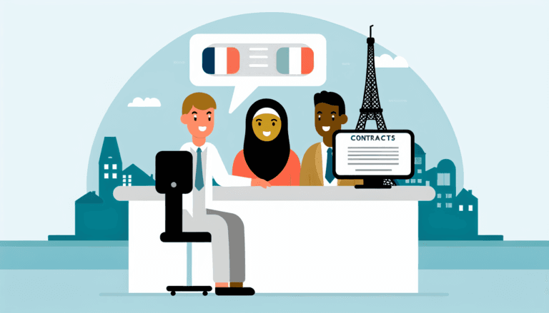 Create a simple, full-color, minimalist vector illustration. Depict a Caucasian male insurance broker assisting customers, a Middle-Eastern female and a Hispanic male, in comparing contracts on a computer. Set the scene against the backdrop of Paris with the Eiffel Tower and Nice with the Promenade des Anglais. The people depicted are French with no apparent religion. Please refrain from including any details in the background.