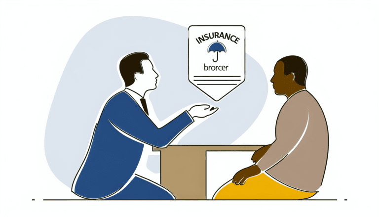 Create an image showing a full-color, minimalist, vector illustration of a French, Caucasian insurance broker engaged in an active discussion with a Hispanic client. The aim of the image is to highlight the insurance broker's professional role. The characters should have no apparent religion and should be placed against a plain, white background.