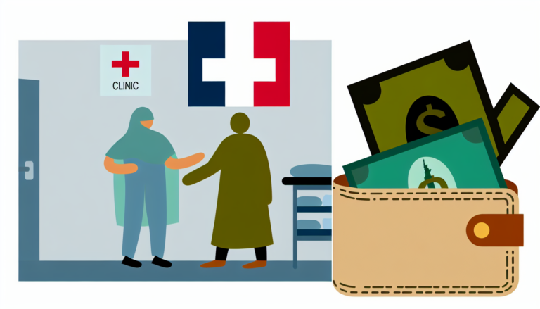 Create a minimalist, full-color vector illustration without a background. The scene unfolds inside a clinic in New York. An expatriate of French descent is visible, their religious affiliation is unapparent. The clinic can be represented by key details like the Red Cross symbol. Include a wallet opened nearby, filled with bills, alluding to the expenses.