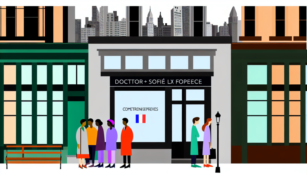 A modern doctor's office with a sign in French, situated in New York near a classic Manhattan building. The styling should be simple, full of color yet minimalistic, and created as a vector illustration without a background. The people depicted should be French, with no apparent religion. Please ensure a diverse representation of genders and descents among them.