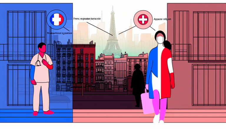 Create a minimalist, full-color, vector illustration with no background. Show a French expatriate navigating the healthcare system in an urban environment of New York. The persons in the illustration aren't associated with any apparent religion.