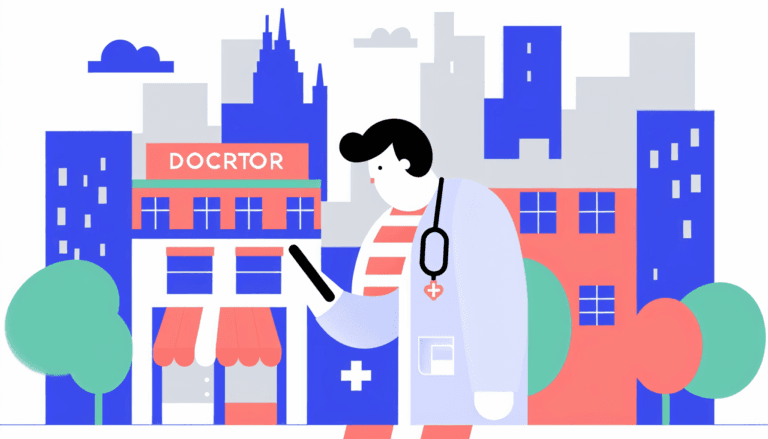 Illustration of a French individual exploring a doctor or a pharmacy on their phone in New York with typical buildings in the background. The illustration style is simple and colorful featuring a minimalist vector art style, without a background. The individual is not showing any visible religious affiliations.