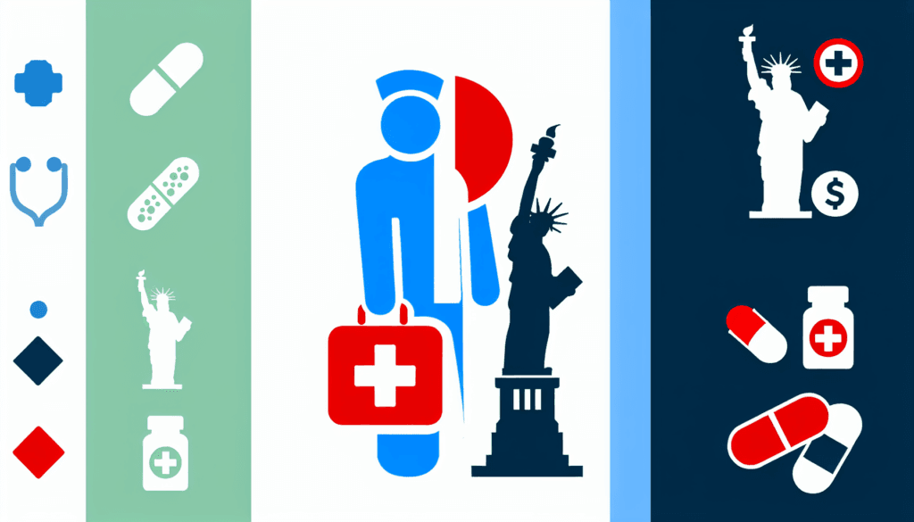 Create a full-color, minimalist, vector illustration with no background, depicting a French traveler of unspecified gender seeking medical services. This individual is amid symbols such as a Red Cross, the Statue of Liberty as a representation of the destination, and medications. Maintain a depiction that does not identify any religious affiliations. The focus of this image is on the premise of international healthcare exploration.
