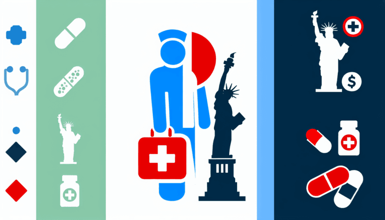 Create a full-color, minimalist, vector illustration with no background, depicting a French traveler of unspecified gender seeking medical services. This individual is amid symbols such as a Red Cross, the Statue of Liberty as a representation of the destination, and medications. Maintain a depiction that does not identify any religious affiliations. The focus of this image is on the premise of international healthcare exploration.