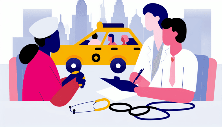 Create an image illustrating a medical consultation taking place in New York. Elements that hint at the city, such as a yellow taxi cab and a stethoscope, should be included. The depiction should be in simple full color, but with a minimalist style, as in a vector illustration with no background. The people involved in the consultation are of French descent, with no outward signs of religious affiliation.