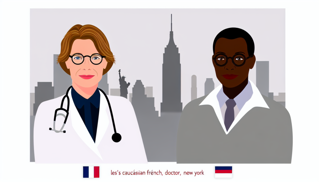Create a simple, full color vector illustration with a minimalist approach, and no background. The scene should depict a Caucasian French doctor in New York, welcoming a patient with a gender-neutral appearance. Incorporate some elements of New York's emblematic urban life. Both individuals are French, displaying no apparent religious affiliation. Note that the doctor is professionally dressed and the patient looks approachable and friendly. Their facial expressions showcase a comfortable relationship, illustrating a welcoming interaction.