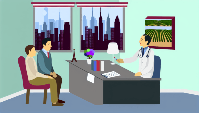 Create a colorful, minimalist vector illustration without a background. The scene is that of a medical consultation in a quintessential New York setting, such as a skyscraper-lined cityscape visible through a window. The doctor and the patient are both French, as indicated by subtle cues, such as a mini Eiffel tower on the desk, a copy of a magazine in French, or a painting of French vineyards on the wall. Both doctor and patient hold neutral expressions, as they discuss the patient's health, nothing indicates their religious beliefs.