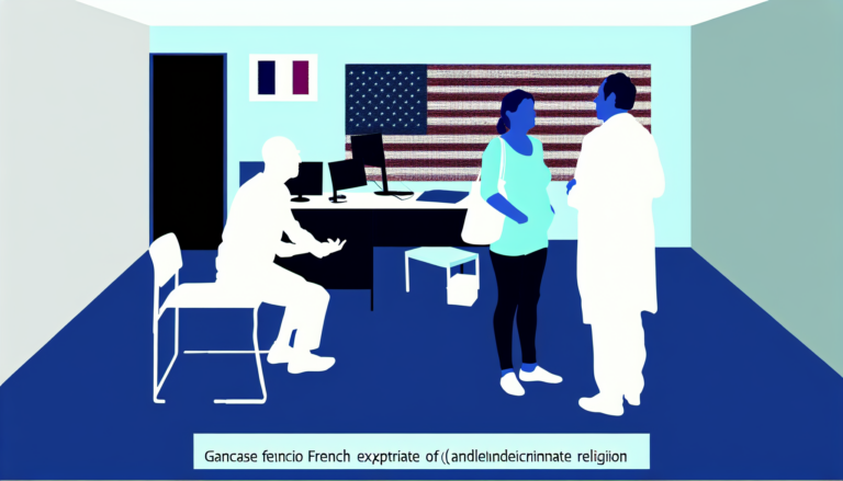 Generate an image showcasing a French expatriate consulting with a doctor in an American medical office. The image should feature visual elements that represent healthcare in the United States. The people are French of indeterminate religion. Render the illustration in a simple, full-color, minimalist style, using vector art with no background.