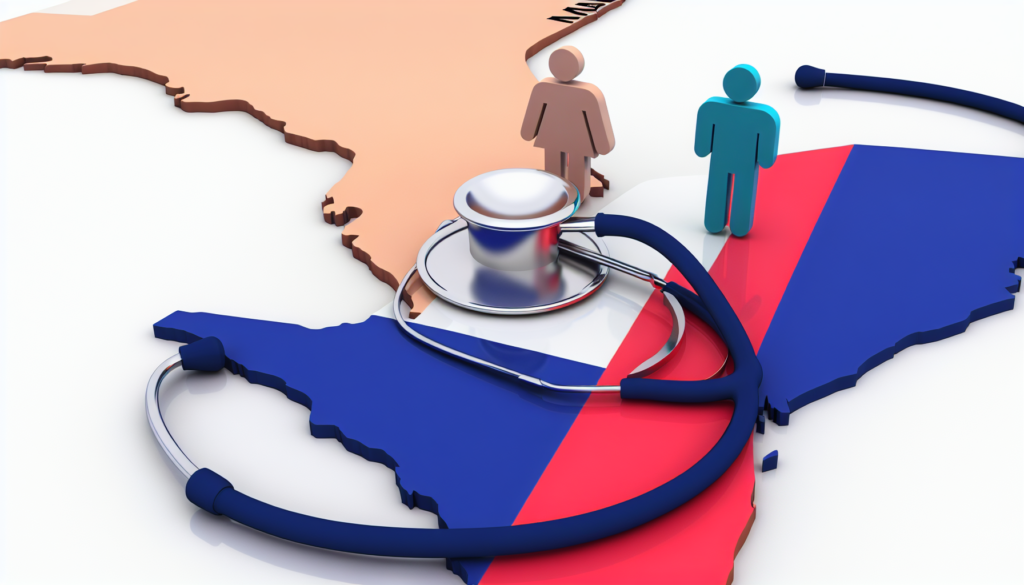 A stethoscope positioned on a map of Miami, symbolizing the search for a French doctor in Florida. The style of the illustration should be simple, full color, minimalist, and vector. There's no background for this image. The people involved are French with no apparent religion.