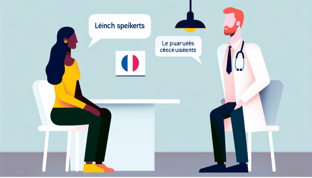 Illustration of a modern waiting room in the United States with a Caucasian male doctor and a Hispanic female patient engaging in a conversation in French. The image should be a simple, full-colour, minimalist vector illustration with no background. The individuals are French speakers with no apparent religious identity.