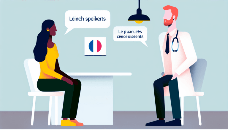 Illustration of a modern waiting room in the United States with a Caucasian male doctor and a Hispanic female patient engaging in a conversation in French. The image should be a simple, full-colour, minimalist vector illustration with no background. The individuals are French speakers with no apparent religious identity.