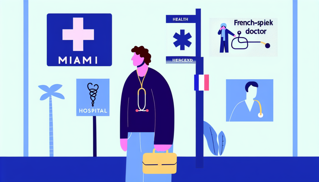 Depict a Caucasian expatriate in Miami searching for a French-speaking doctor. The scene is simple and minimalist, embracing a full-color, vector-style illustration without a background. Symbols of health and medical aid, such as a stethoscope, hospital signs, or a medical cross, can be seen in the image to subtly convey the theme. The Human figures in the scene are of French descent, but no religious affiliations are demonstrated.