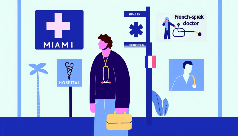 Depict a Caucasian expatriate in Miami searching for a French-speaking doctor. The scene is simple and minimalist, embracing a full-color, vector-style illustration without a background. Symbols of health and medical aid, such as a stethoscope, hospital signs, or a medical cross, can be seen in the image to subtly convey the theme. The Human figures in the scene are of French descent, but no religious affiliations are demonstrated.