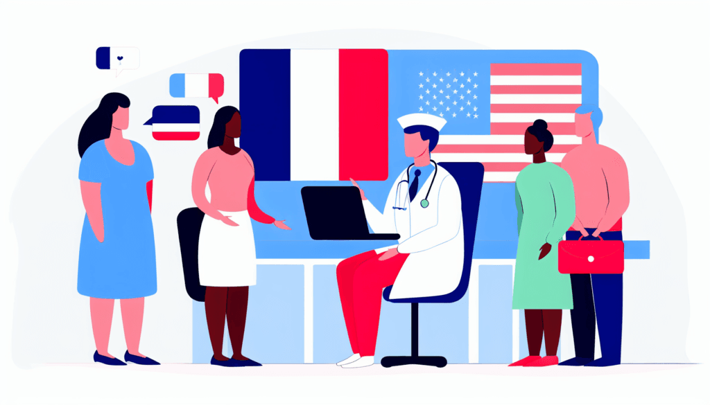 Create an image of a medical consultation in the United States, where the doctor is speaking French. The scene includes elements such as a sign with both French and American flags. The illustration is in full-color, minimalist, and is a vector illustration with no background. The people depicted are French, no apparent religion. The patients in the scene are of diverse descents and genders to portray an inclusive environment.
