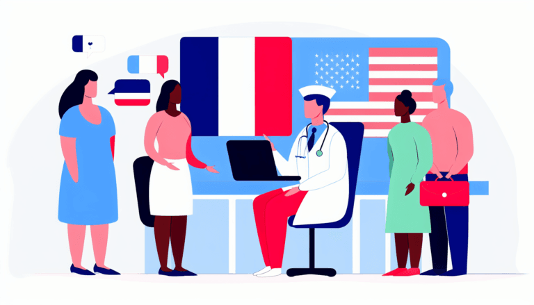 Create an image of a medical consultation in the United States, where the doctor is speaking French. The scene includes elements such as a sign with both French and American flags. The illustration is in full-color, minimalist, and is a vector illustration with no background. The people depicted are French, no apparent religion. The patients in the scene are of diverse descents and genders to portray an inclusive environment.
