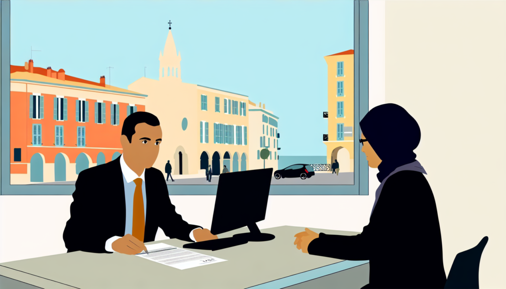 A beautifully illustrated image in a minimalist and full-color vector art style. The scene takes place in Nice, a stunning French city known for its charming streets. In the image, there is a Middle-Eastern insurance broker, professionally dressed, attentively advising a South Asian client. They are seated at a desk, on which various documents and a computer are scattered. It's apparent that both individuals are engrossed in an important discussion. Importantly, there are no distinctive religious symbols on display on either person. This is a discreet hint at the secular nature of the setting.