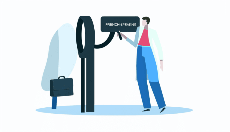 Create a minimalist, full-colour vector illustration of a French expatriate in Miami, who is searching for a French-speaking doctor. Capture a modern, professional atmosphere in the imagery, without any explicit religious iconography. The scene should include the French individual, potentially illustrated as engaged in the act of searching or asking around. Please exclude any background details.