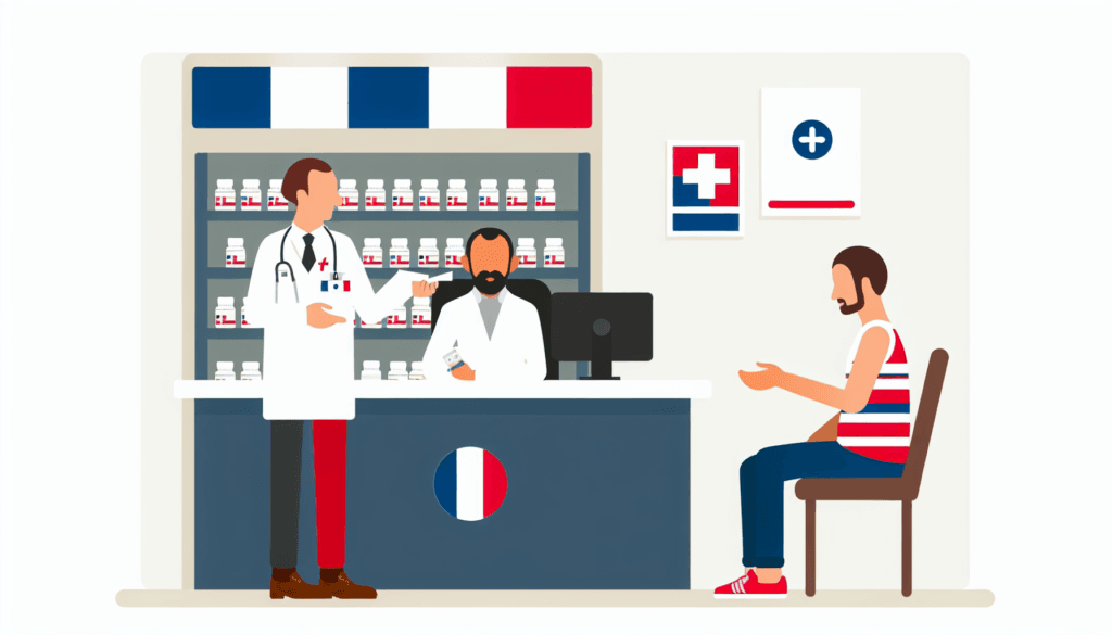 Create a full color, minimalistic, and vector-styled illustration of a French expatriate receiving medical care in Miami. The setting includes a doctor, with a pharmacy visible in the background. The characters are French with no apparent religion. The style should be simplistic with no background.