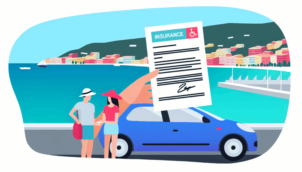 A tourist car parked facing the ocean in the scenic Nice, with a hand holding an insurance contract. The scene is depicted in a modern, bright style with a summer ambiance. The illustration adheres to a minimalist, vectorial design with full colours and no background. The people present do not display any recognizable religious symbols such as veils, crosses, kippas. The identity of the hand holding the contract is left to interpretation; it could belong to a person of any gender or descent.